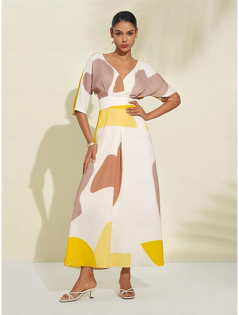 Trendy lange zomerjurk met speelse halslijn en driekwart mouwen