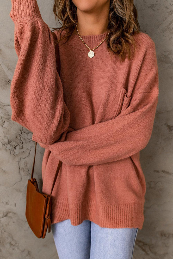 Sweater met Geribbelde Rand, Lantern Mouwen en Zakken