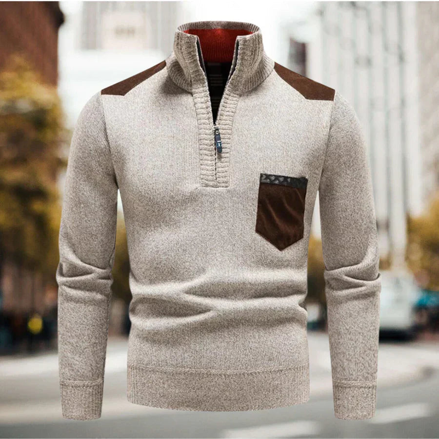 Warme heren sweater met opstaande kraag en halve ritsluiting