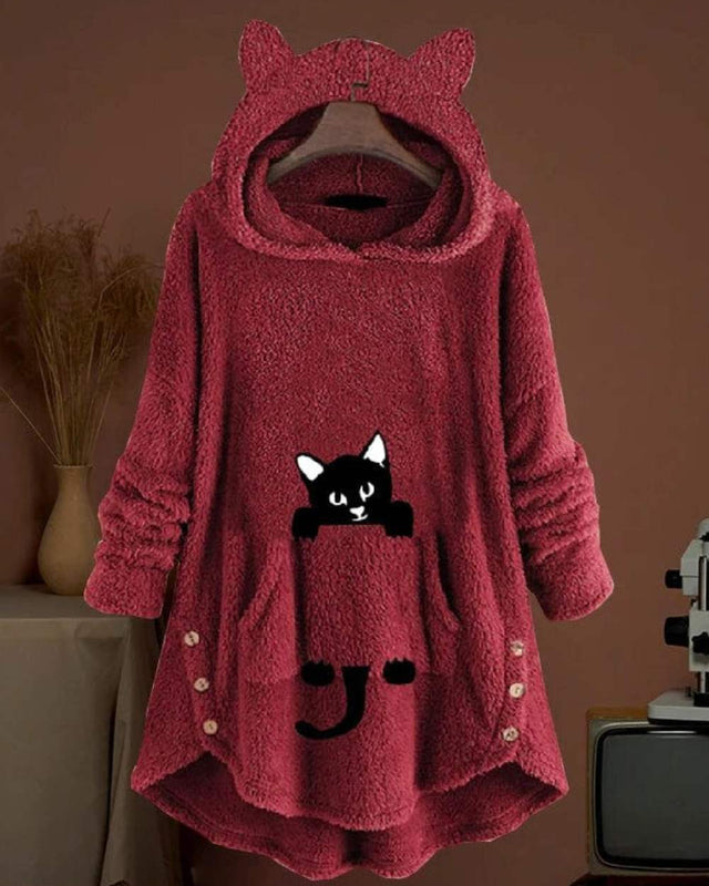 Warme lange hoodie met capuchon en uniek kattenprint design