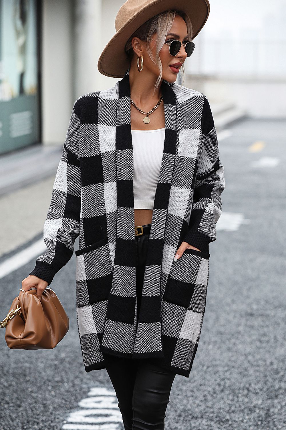 Stijlvolle Geruite Cardigan met Verlaagde Schouders en Zak door Sophie