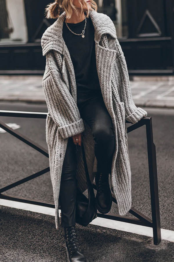 Warme Dikke Gebreide Lange Vest met Knoopsluiting en Zakken – Oversized Model