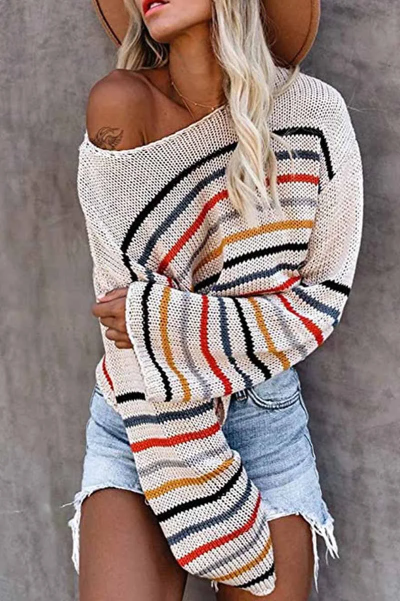 hippe Eén-Schouder Sweater met Kleurrijk Patroon