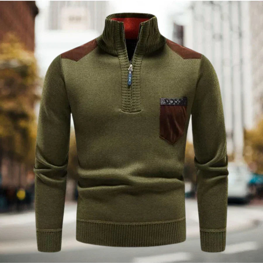 Warme heren sweater met opstaande kraag en halve ritsluiting