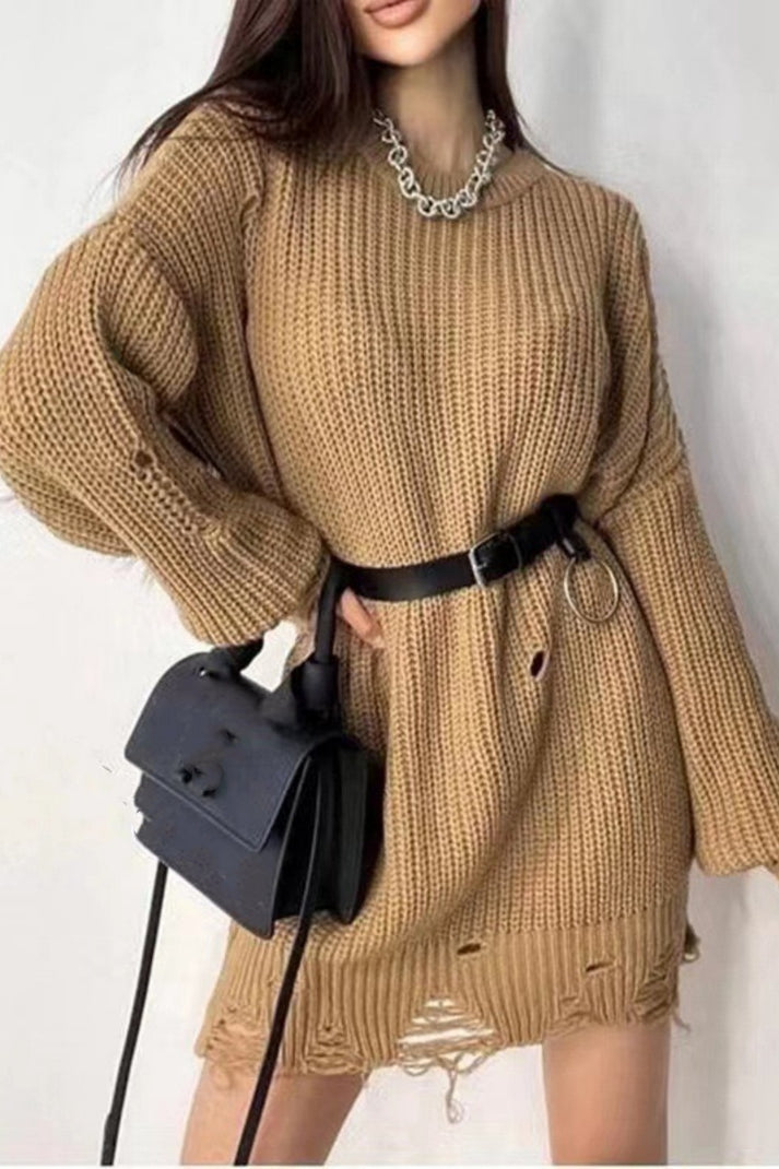 Casual Sweater met Ronde Hals en Versleten Accenten