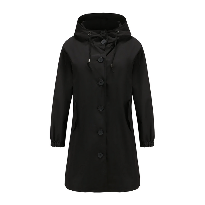 Elegante damescape met capuchon en praktische knopen