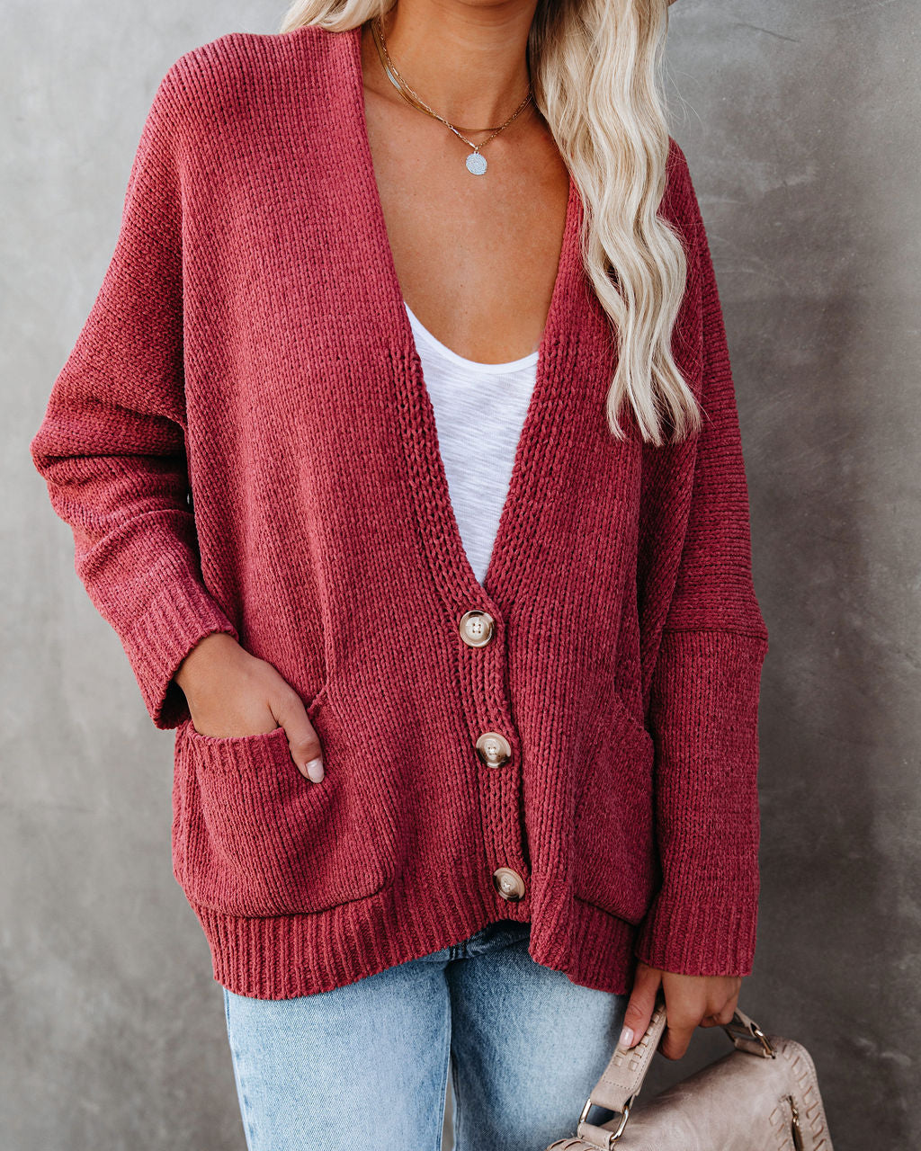 Vintage Knoopsluiting Cardigan met Zakken - Zacht Roze