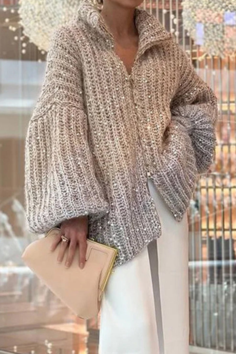 Elegante Sequins T-shirt met Omgeslagen Kraag voor vrijetijds Chic