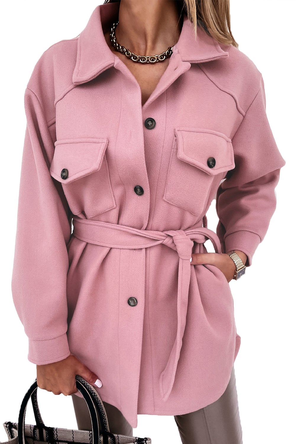Elegante roze jas met revers, knopen, zakken en riem