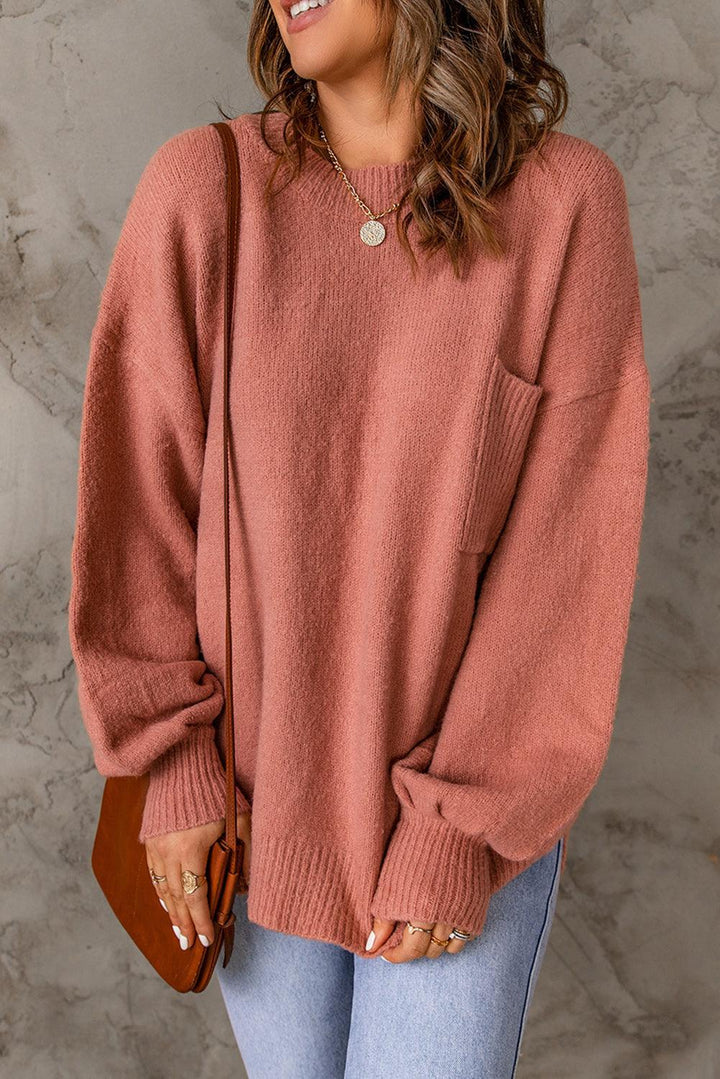 Sweater met Geribbelde Rand, Lantern Mouwen en Zakken