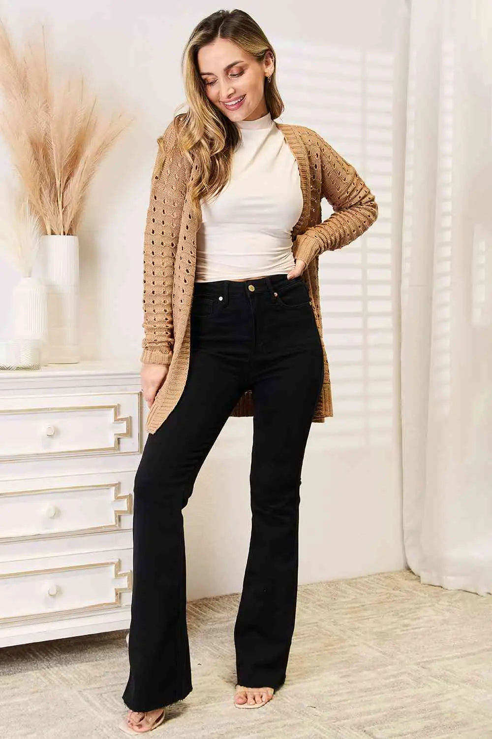 Knoop-Up Lotte-Horizontale Vibes Geribbelde Open Voorzijde Cardigan in Karamel