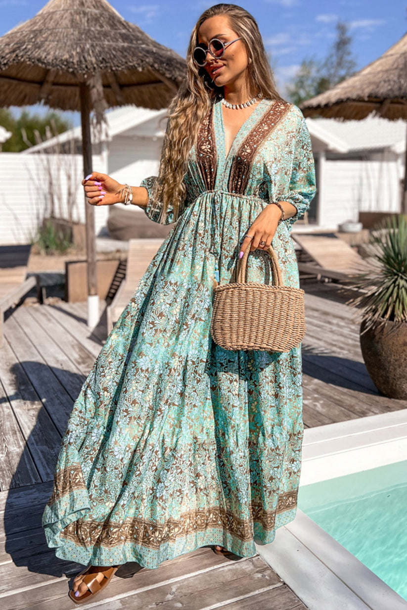 Maxi-jurk in boho-stijl met bloemmotief, vetersluiting en open rug