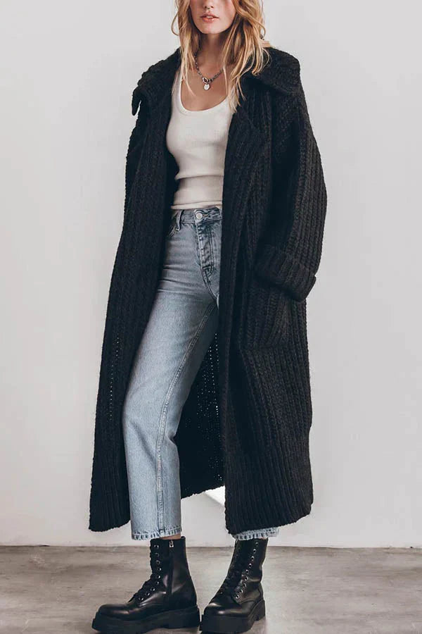 Warme Dikke Gebreide Lange Vest met Knoopsluiting en Zakken – Oversized Model