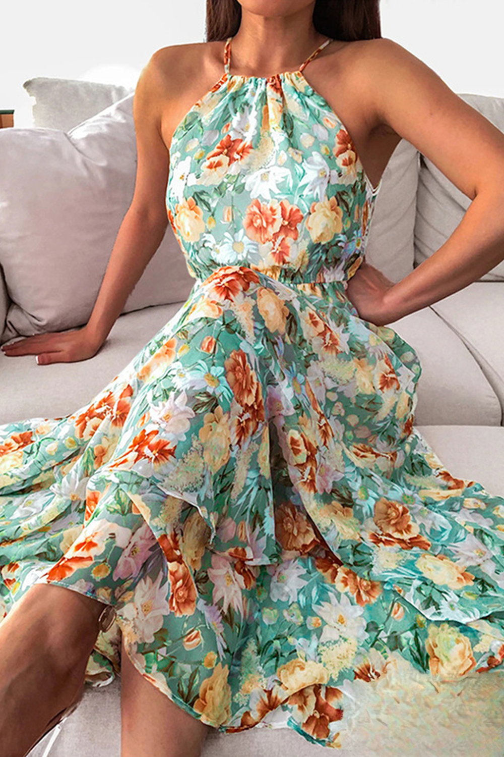 Hannah - Elegante Jurken met Bloemenprint en Halter Taille