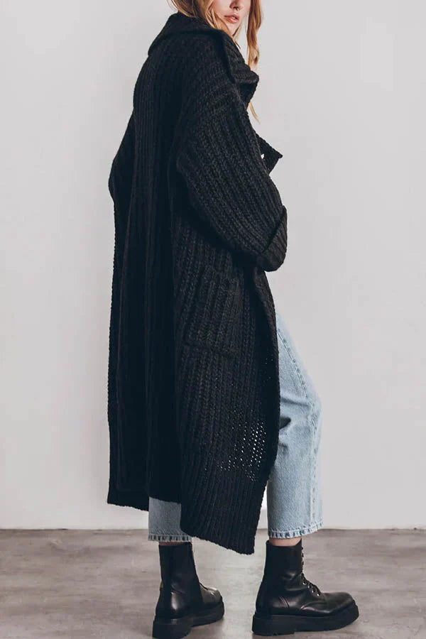 Warme Dikke Gebreide Lange Vest met Knoopsluiting en Zakken – Oversized Model