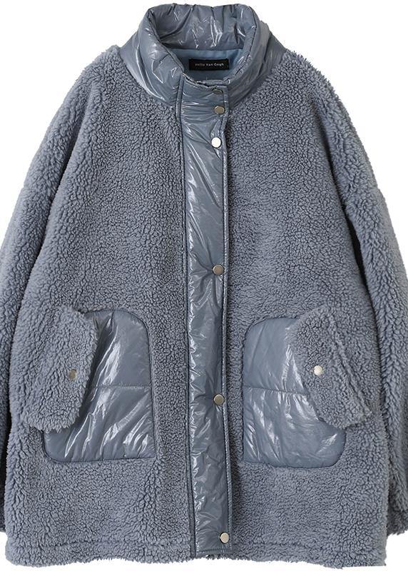 Casual Blauwe Jas met Stijlvolle Staan Kraag en Patchwork voor Dames