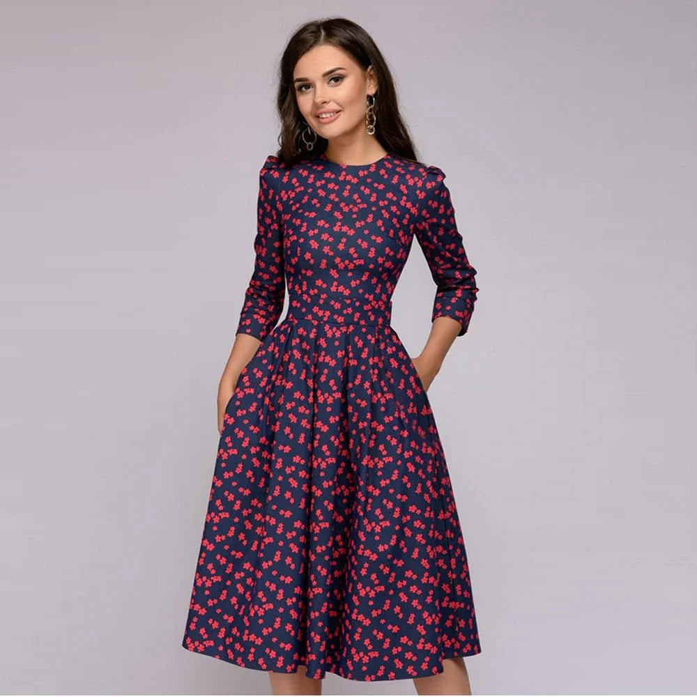 Trendy midi-jurk met wijd uitlopende rok en bloemenprint voor een vrouwelijke look