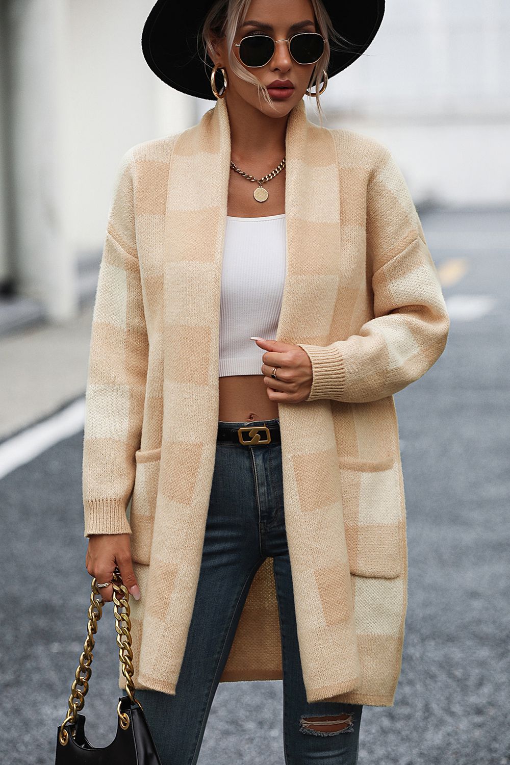 Stijlvolle Geruite Cardigan met Verlaagde Schouders en Zak door Sophie