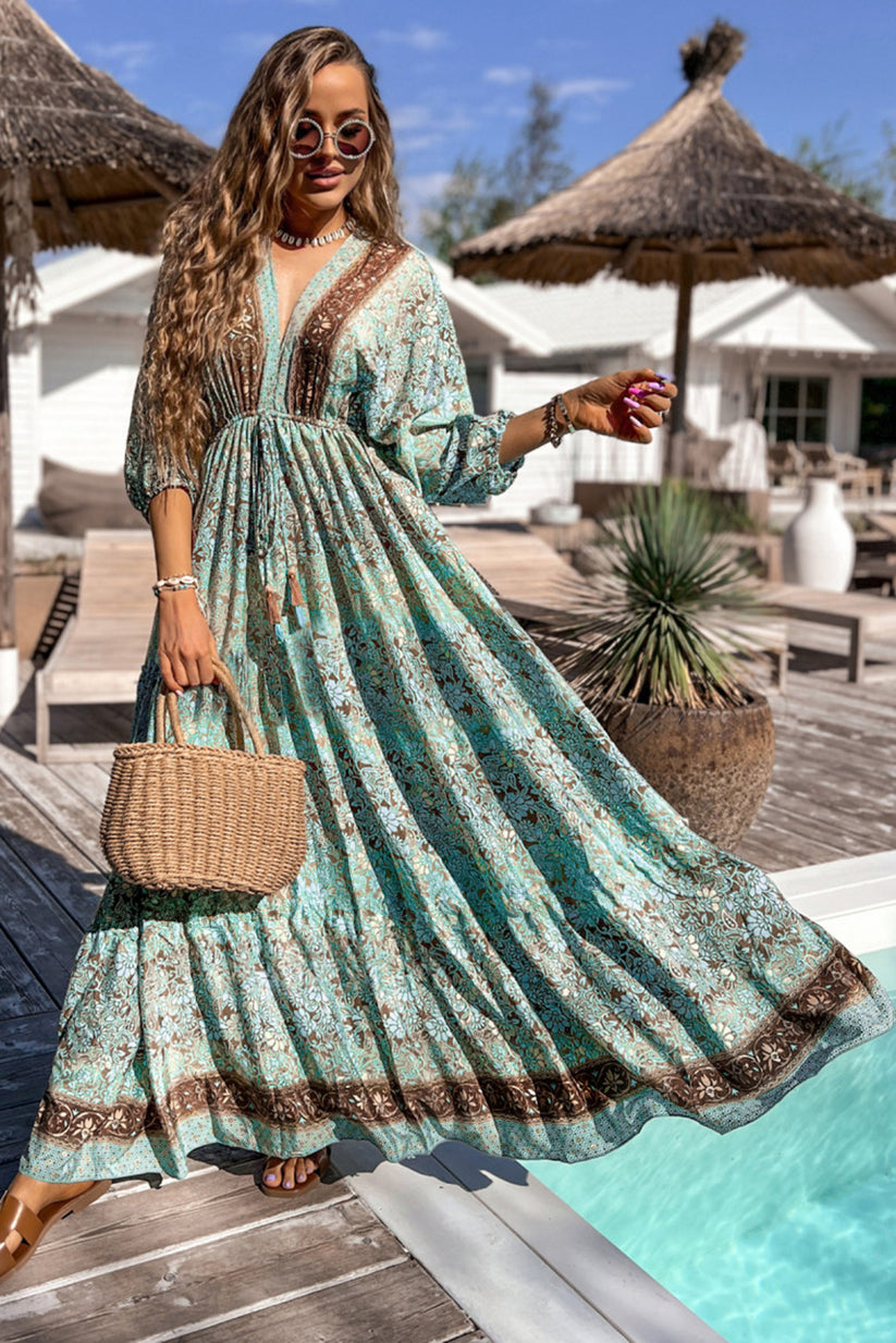 Maxi-jurk in boho-stijl met bloemmotief, vetersluiting en open rug