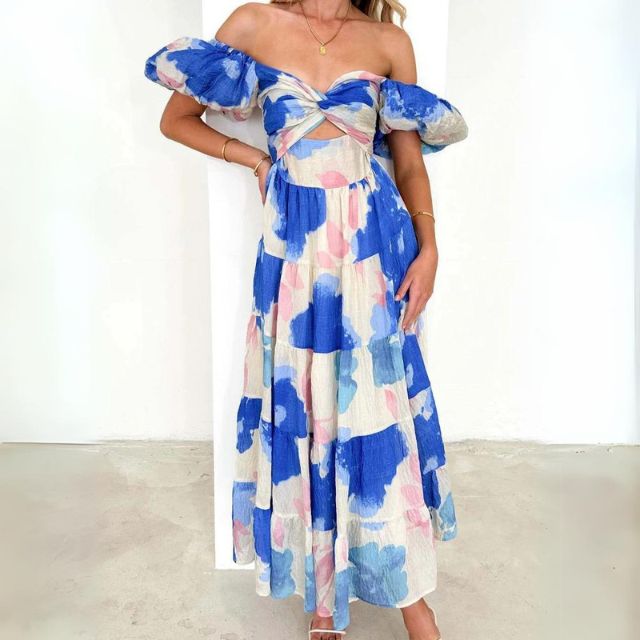 Lange jurk met bloemenpatroon, elegante mouwen en een stijlvolle halslijn voor vrouwen