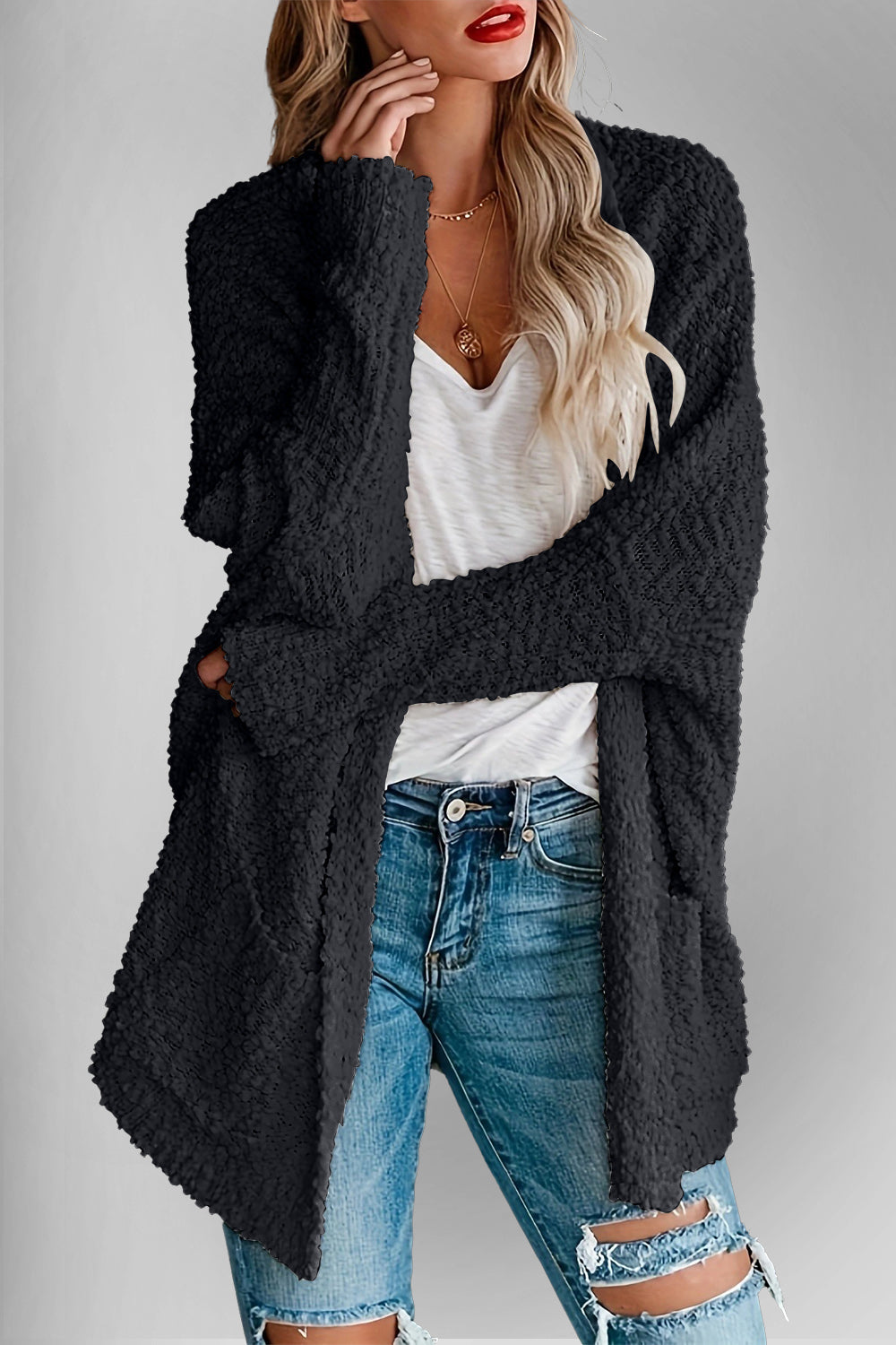 Emma's Dubbel Take Open Front Langen Mouwen Cardigan met Zakken