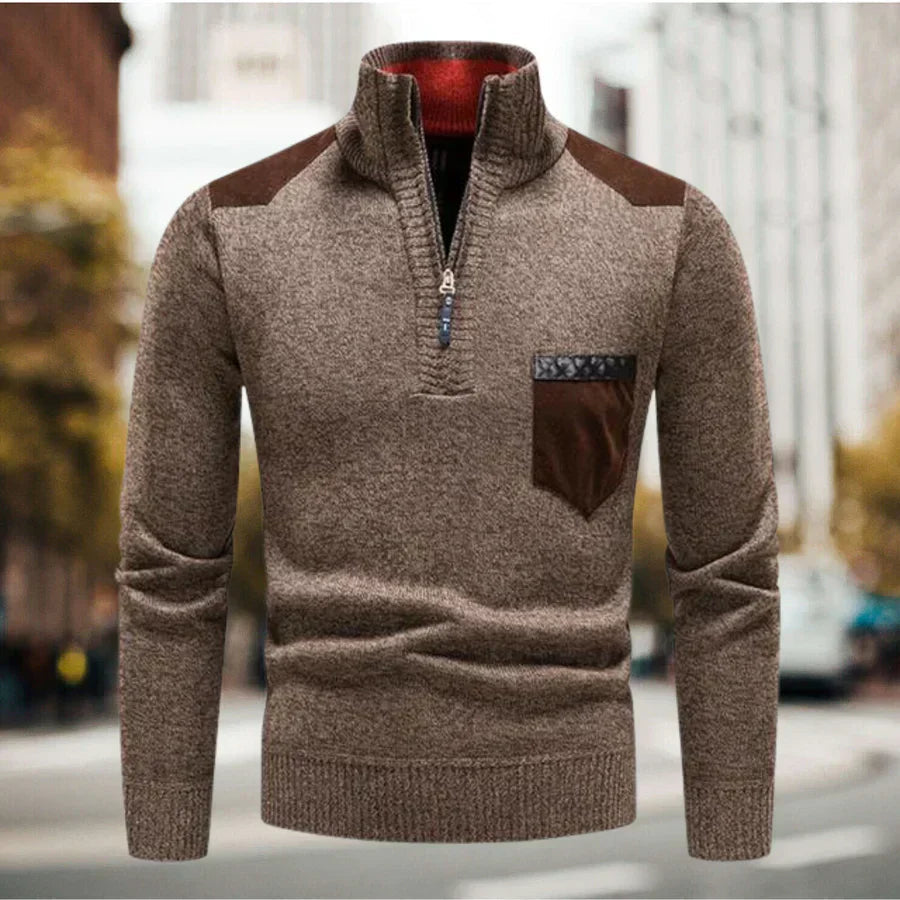 Warme heren sweater met opstaande kraag en halve ritsluiting