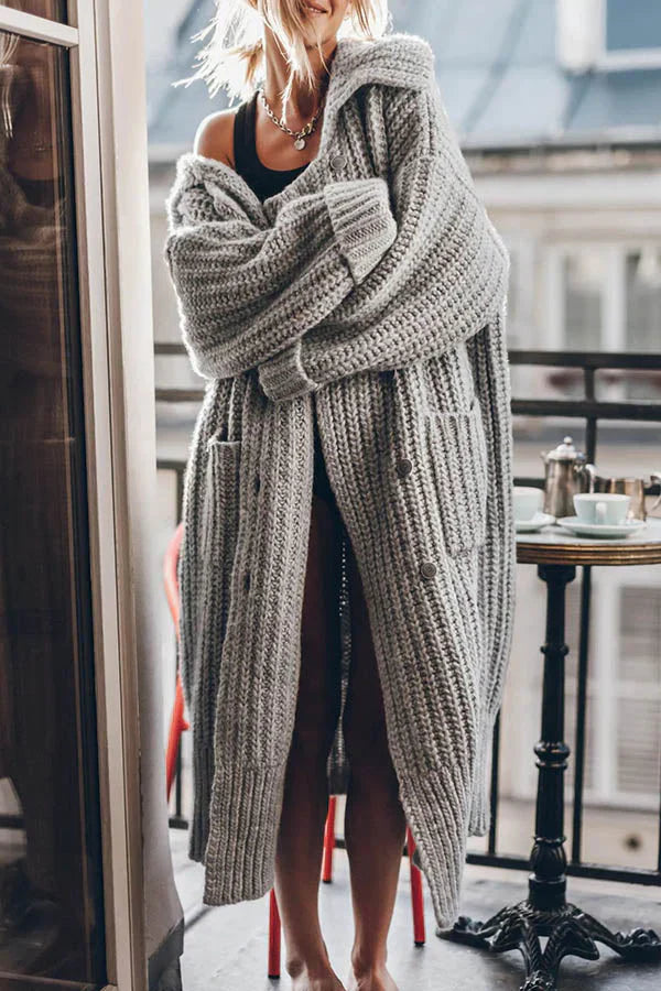 Warme Dikke Gebreide Lange Vest met Knoopsluiting en Zakken – Oversized Model