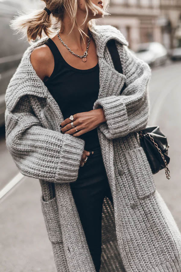 Warme Dikke Gebreide Lange Vest met Knoopsluiting en Zakken – Oversized Model