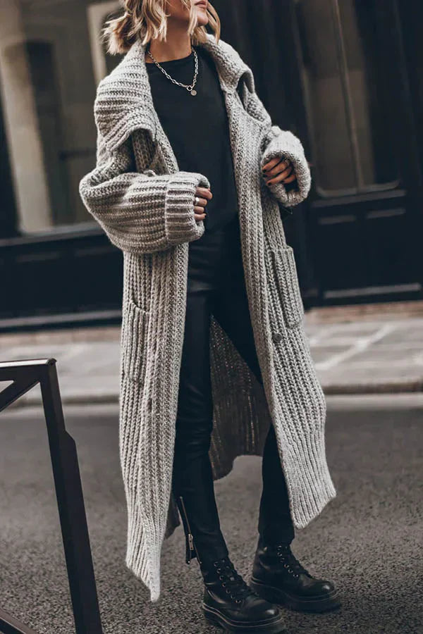 Warme Dikke Gebreide Lange Vest met Knoopsluiting en Zakken – Oversized Model
