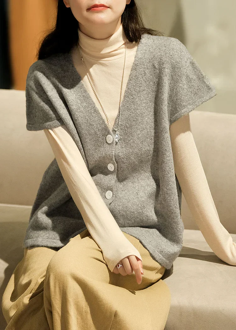 Beige V-Hals Knoopvest - Korte Mouw Waistcoat voor Dames