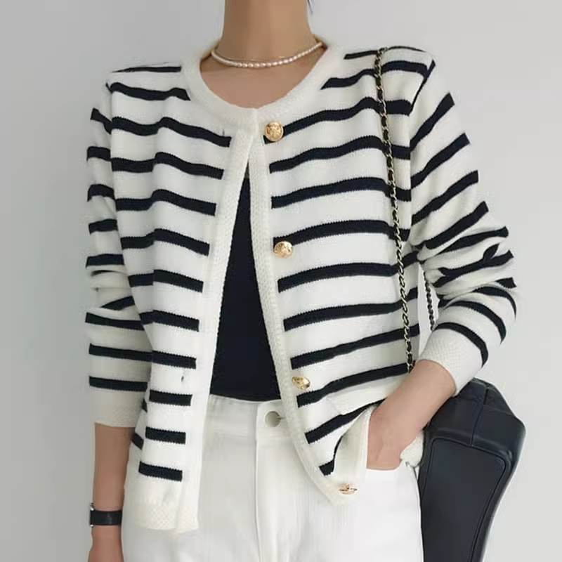 Herfst en winter retro zwart-wit gestreepte cardigan