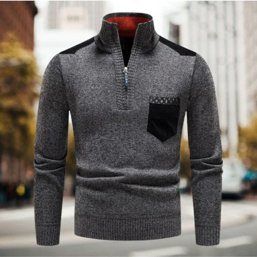 Warme heren sweater met opstaande kraag en halve ritsluiting