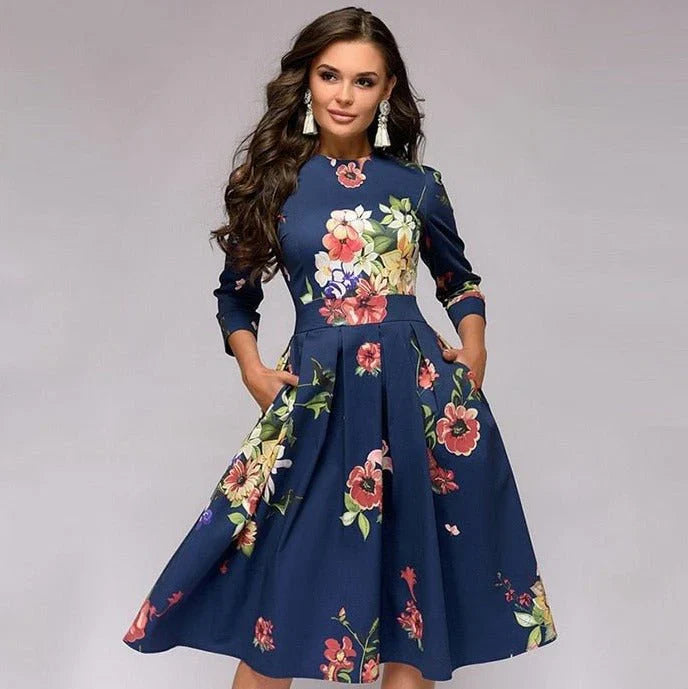 Trendy midi-jurk met wijd uitlopende rok en bloemenprint voor een vrouwelijke look
