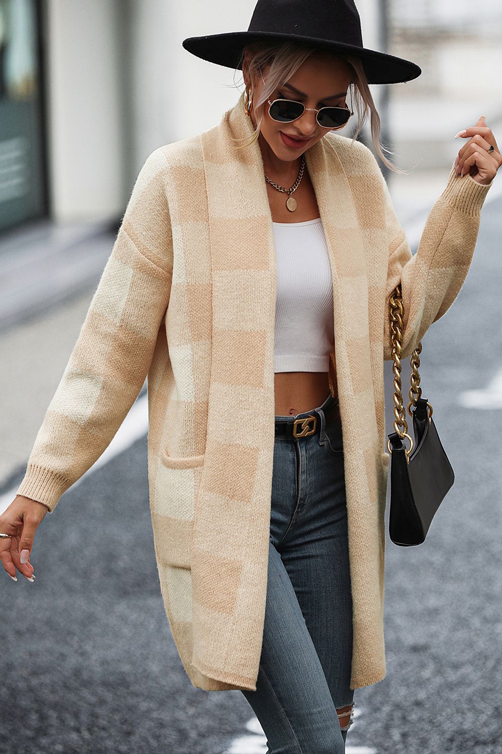 Stijlvolle Geruite Cardigan met Verlaagde Schouders en Zak door Sophie
