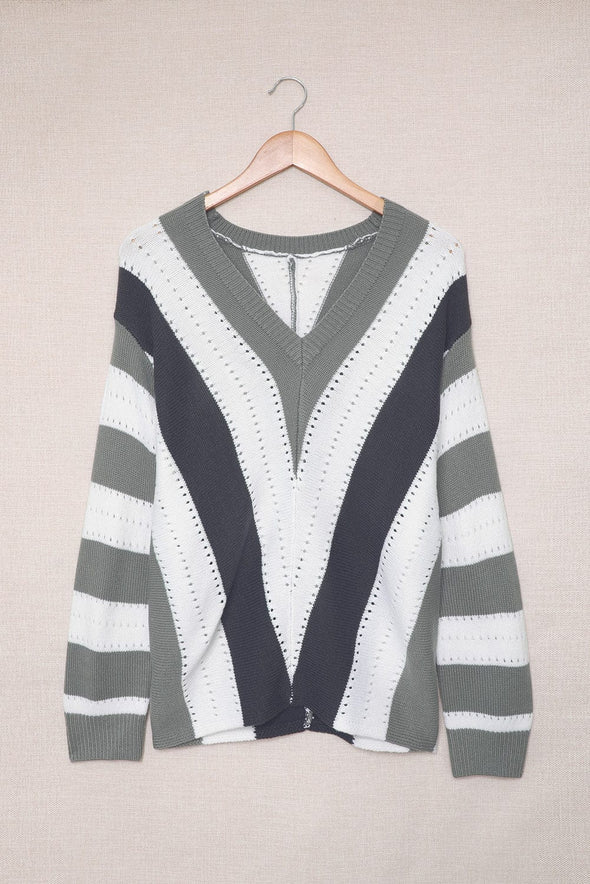 Modieuze Rits V-Hals Gestreepte T-shirt met Lange Mouwen voor Dames