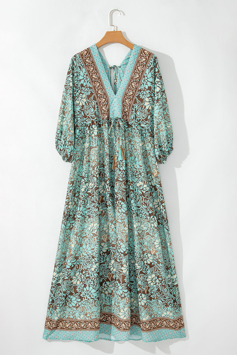 Maxi-jurk in boho-stijl met bloemmotief, vetersluiting en open rug