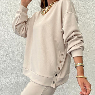 Trendy Tweedelig Damespak – Jas met Knopen en Splitdesign & Elegante Broek
