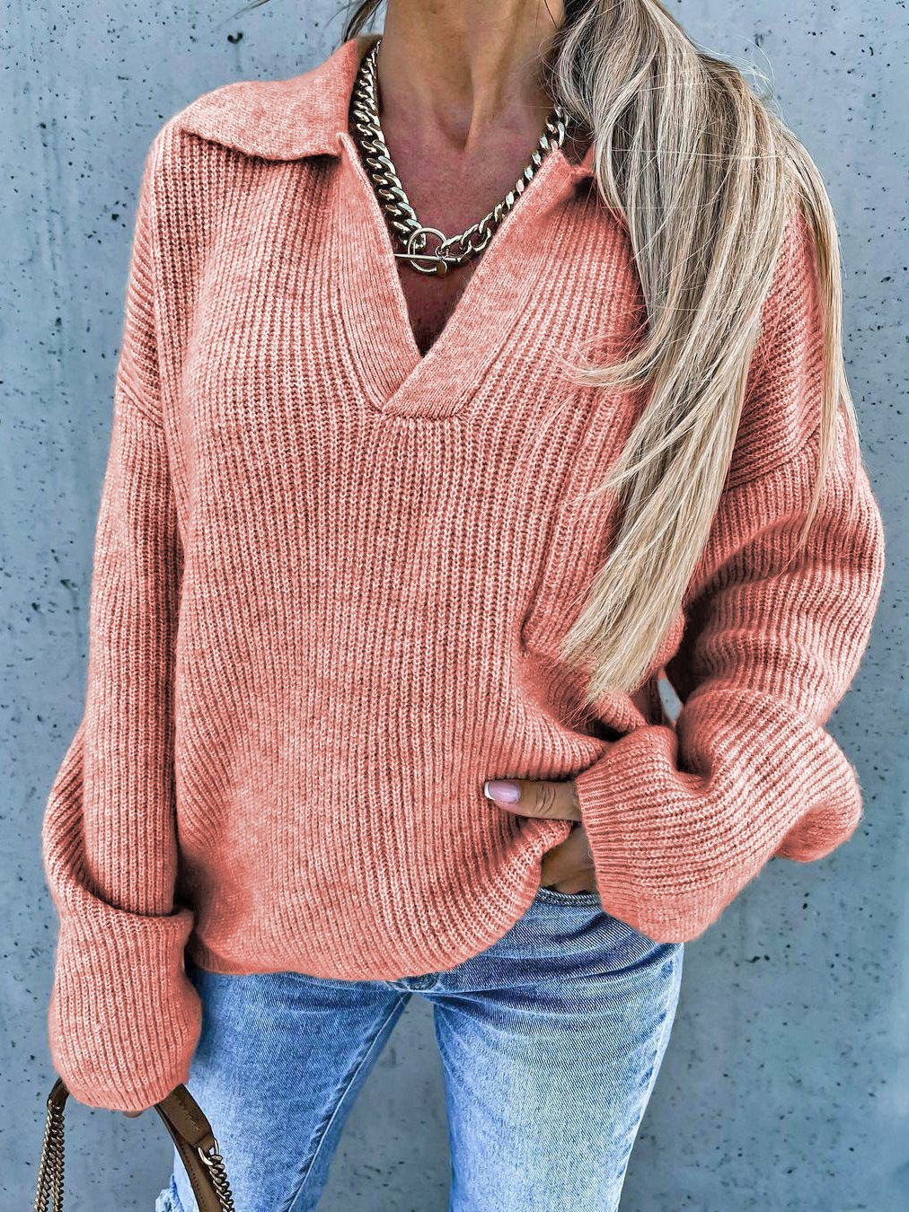 Comfortabele V-Hals Trui met Zakken voor Dames - Zachte Lange Mouwen Sweater