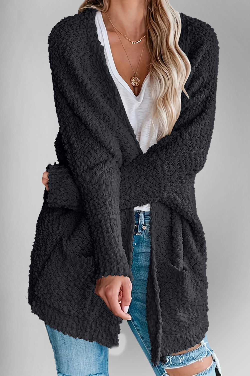 Emma's Dubbel Take Open Front Langen Mouwen Cardigan met Zakken