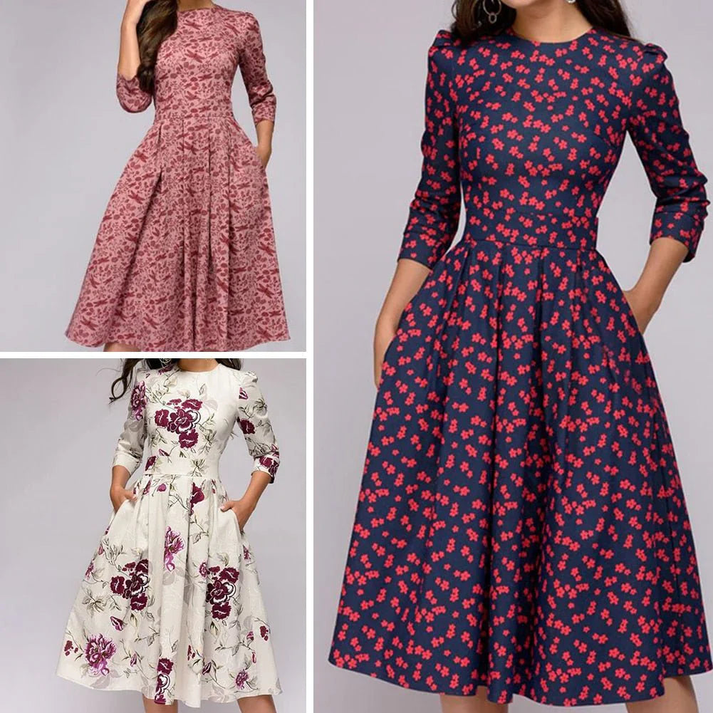 Trendy midi-jurk met wijd uitlopende rok en bloemenprint voor een vrouwelijke look