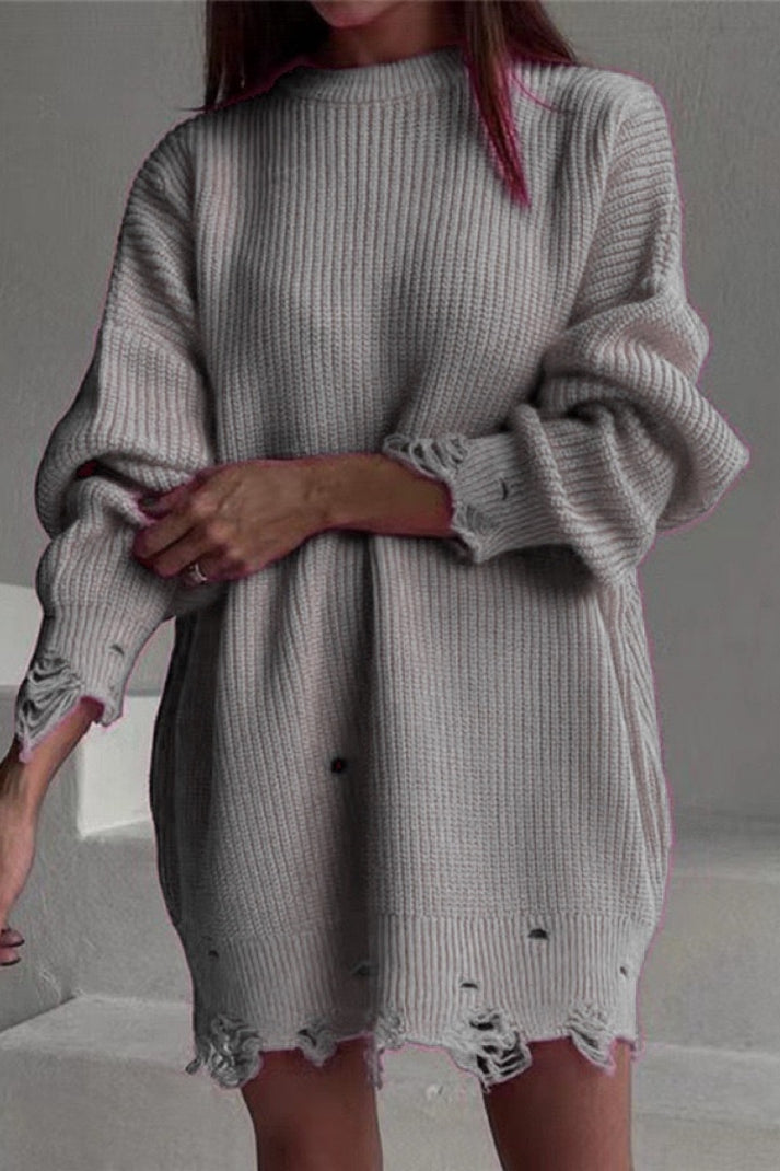 Casual Sweater met Ronde Hals en Versleten Accenten