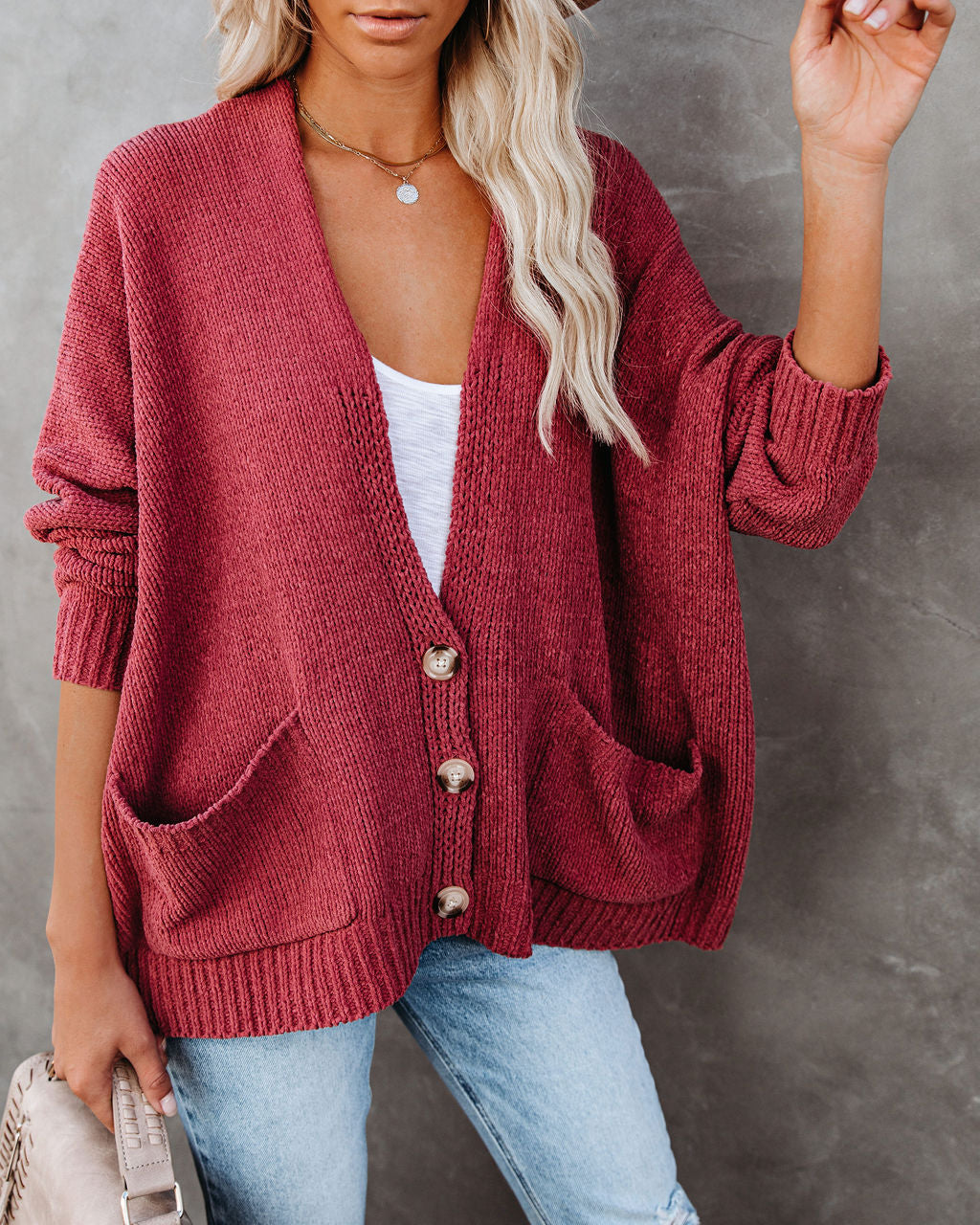 Vintage Knoopsluiting Cardigan met Zakken - Zacht Roze