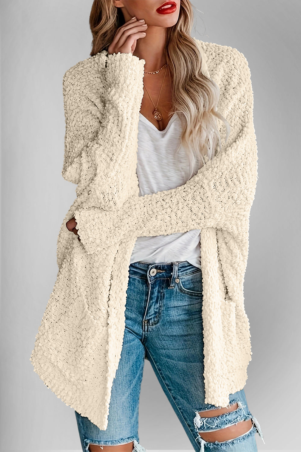 Emma's Dubbel Take Open Front Langen Mouwen Cardigan met Zakken