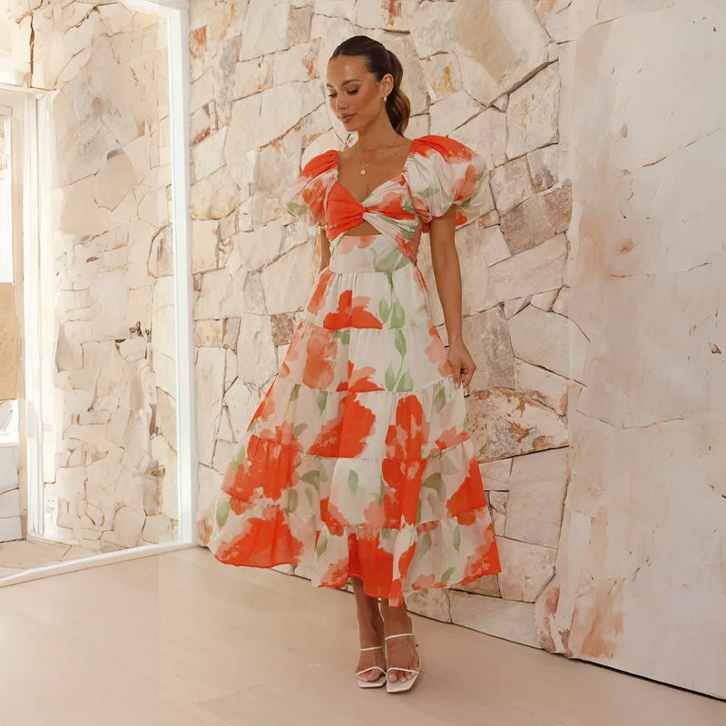 Lange jurk met bloemenpatroon, elegante mouwen en een stijlvolle halslijn voor vrouwen