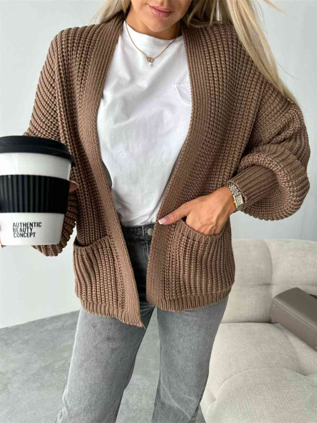 Modieuze Open Front Cardigan met Verlaagde Schouders voor Comfortabele uitstralings