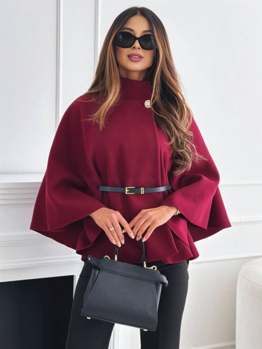Korte dames poncho jas met knopen, riem en wijde mouwen – Elegant en casual