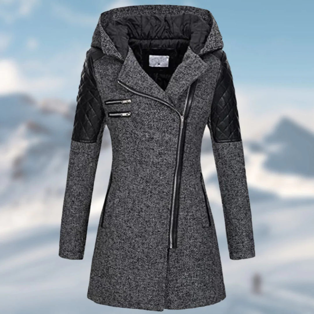 Stijlvolle dames winterjas met diepe capuchon en modern design