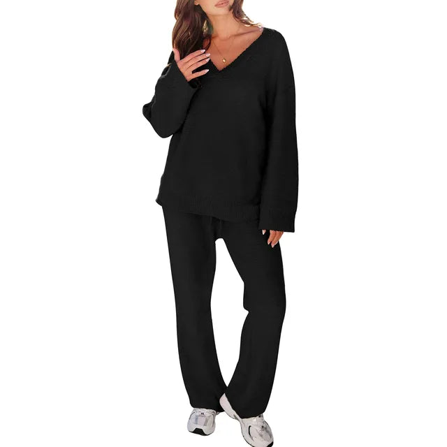Comfortabel Pyjama Set met V-hals en Lange Mouwen – Perfect voor Ontspanning