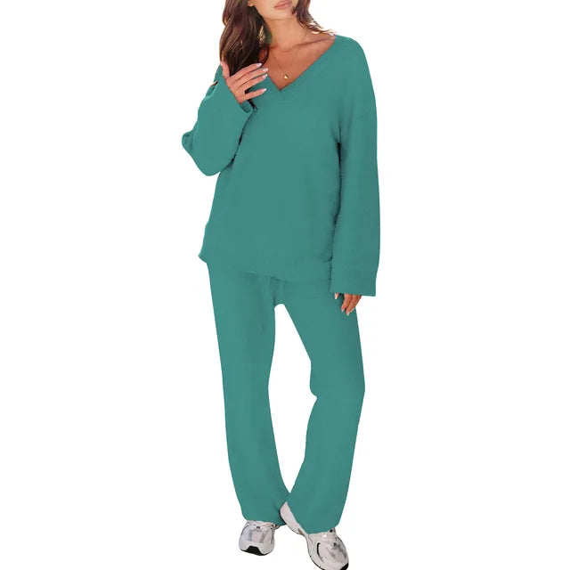 Comfortabel Pyjama Set met V-hals en Lange Mouwen – Perfect voor Ontspanning