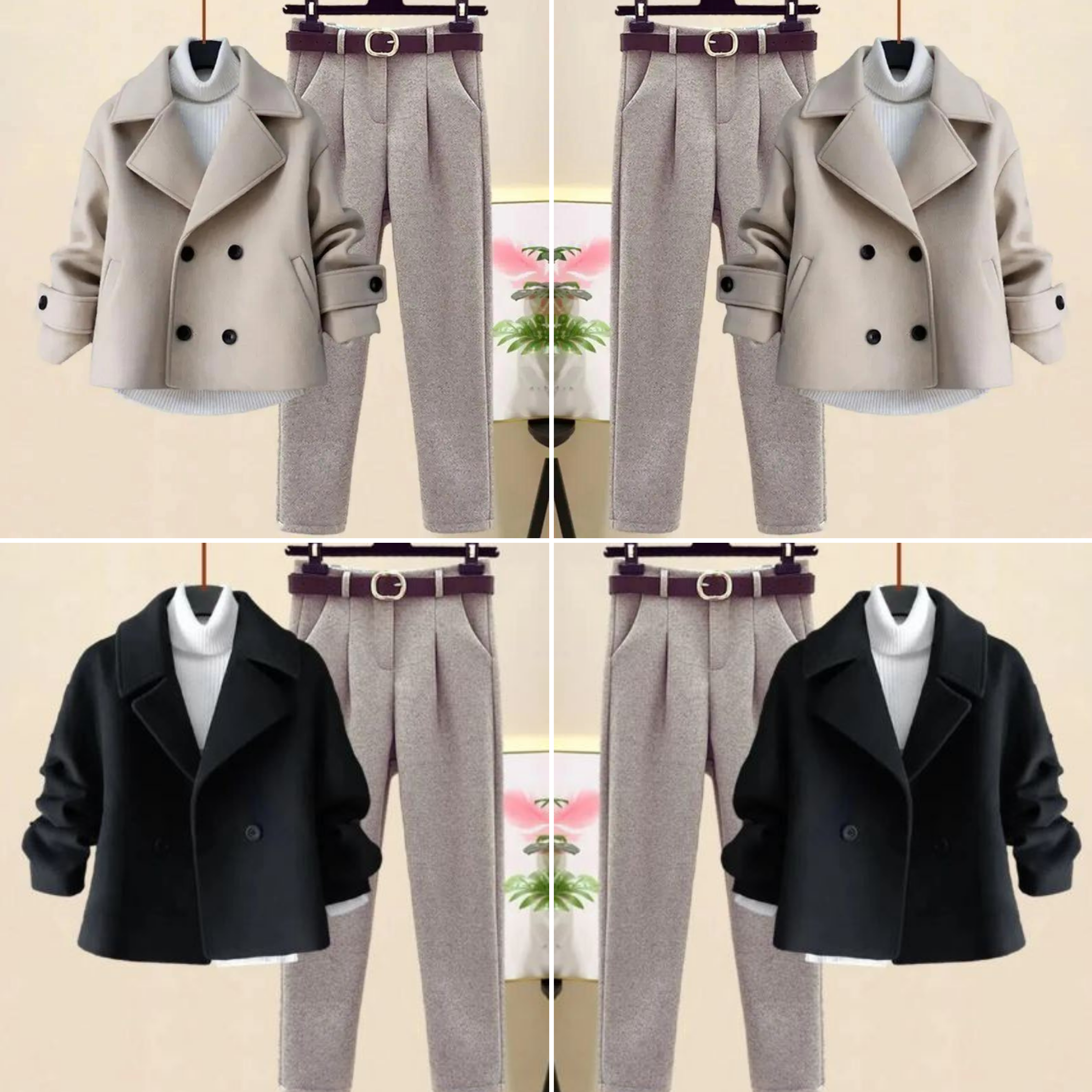Comfortabele winterset met een stijlvolle jas, klassieke broek en een comfortabele coltrui met open kraag